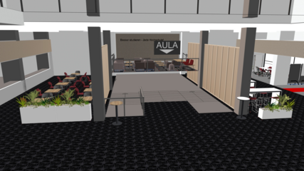 Auf der rechten Seite des Foyers entsteht ein neuer Cafeteria-, Lounge- und Arbeitsbereich (Grafik: Fa. Palmberg)