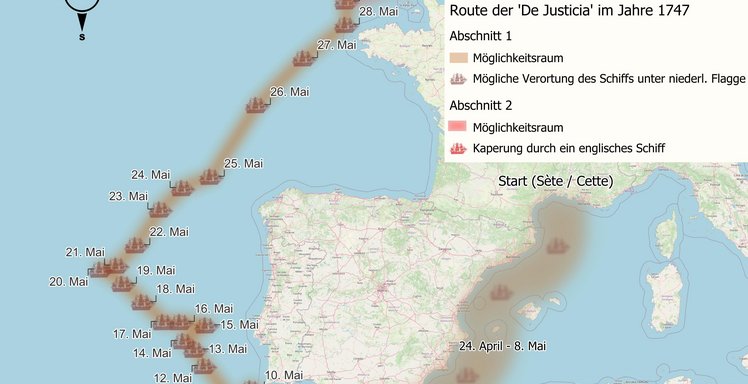 Eine Karte, auf der eine Schiffahrtsroute gezeigt wird