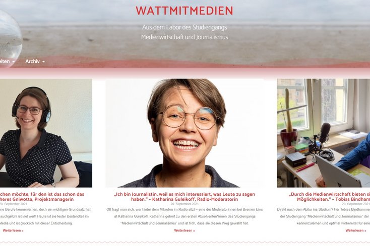 Die Absolvent_innen-Porträts werden auf der neuen Plattform WATTMITMEDIEN veröffentlicht. Die Serie startet mit (v.li.) Theres Gniwotta, Katharina Guleikoff und Tobias Bindhammer. (Foto: Screenshot)