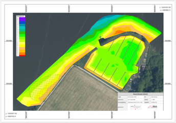Ergebnisplan Wassertiefen Hafen Bünting und Schwimmblattzone: Farblich eingezeichnete Wassertiefenbereiche