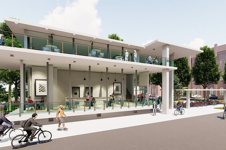 Wo sich auf dem Campus Oldenburg der Jade Hochschule aktuell ein Fahrradunterstellplatz befindet, hätte dieses zweigeschossige Gebäude Platz. Dass Fahrräder weiterhin untergestellt werden können, gehörte zur Aufgabe. Entwurf: Melissa El Haddad, Anna-Lena Laube, Lisa-Marie Schlott, Christine Büch