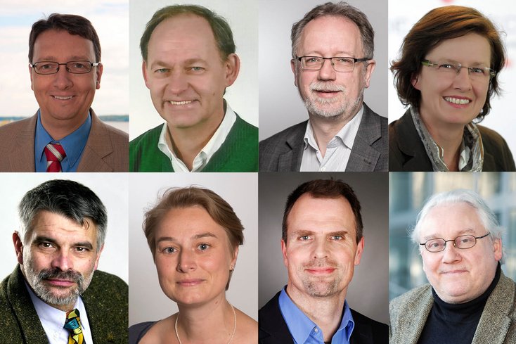 Als Studiendekan_innen gewählt sind die Professor_innen (v.li.): Dr. Peter Wengelowski, Dr. Christoph Wand, Jens Peter Thiessen, Dr. Ingrid Jaquemotte, Dr. Thomas Priesemann, Dr. Melina Frenken, Dr. Christian Sachs und Dr. Matthias Kirspel (ohne Foto: Dr. Lars Nolle).