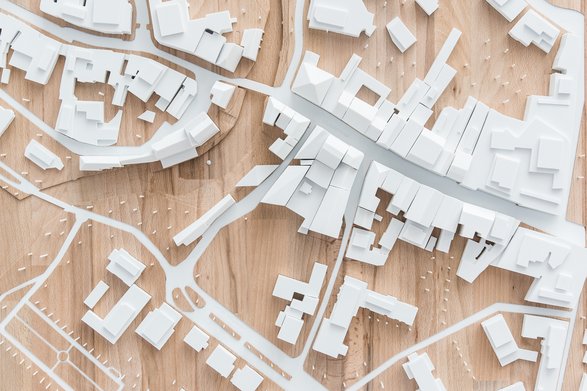 Ein Städtebaumodell von oben fotografiert