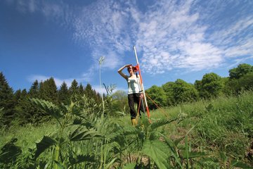 Studierende erkundet Messgebiet bei einer Vermessungsübung