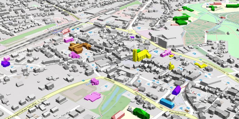 Ansicht des 3D-Stadtmodells der Stadt Oelde, welches eine Fläche von mehr als einhundert Quadratkilometern umfasst. Die unterschiedlichen Gebäudearten werden durch eine farbige Darstellung sichtbar gemacht. (Karte: Justus Strothoff)