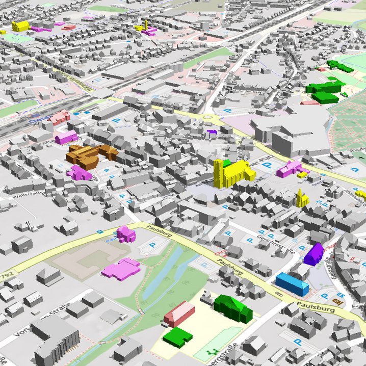Ansicht des 3D-Stadtmodells der Stadt Oelde, welches eine Fläche von mehr als einhundert Quadratkilometern umfasst. Die unterschiedlichen Gebäudearten werden durch eine farbige Darstellung sichtbar gemacht. (Karte: Justus Strothoff)