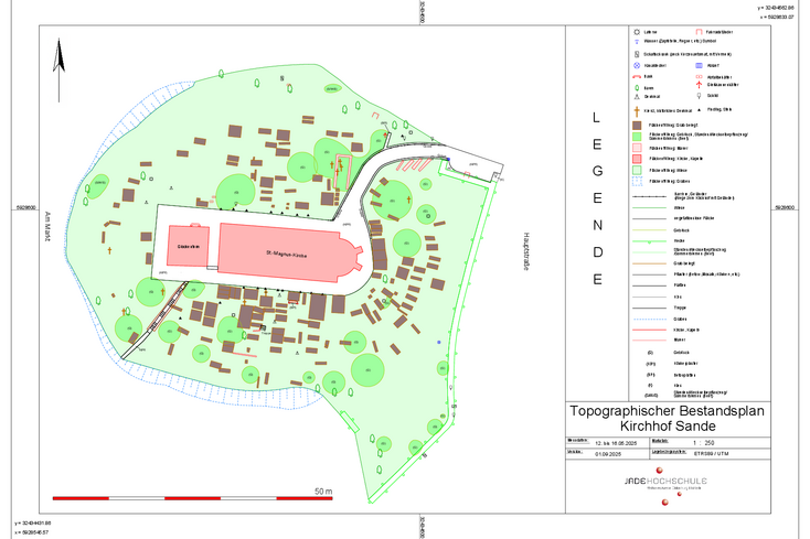 Bestangsplan 1:250 der Hauptvermessungsübung 2025 vom Kirchhof Sande