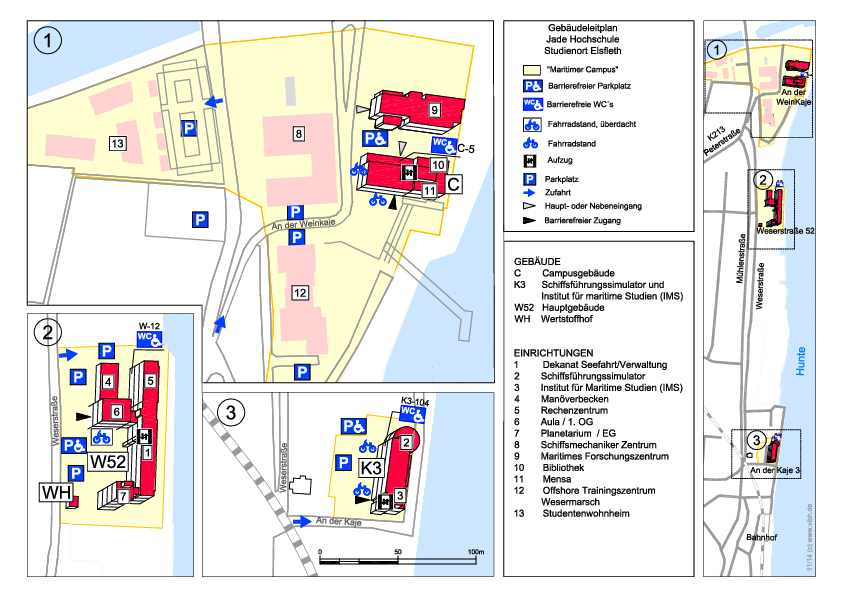 Gebäudeplan, Lageplan des Studienortes Elsfleth: Gebäude, Parkplätze, Barrierefreiheit.