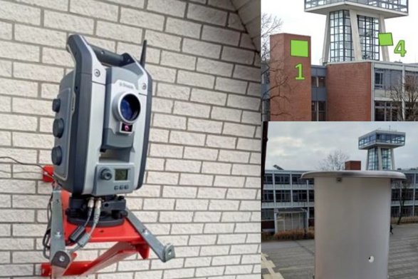 Installation eines Tachymeters an Gebäudefassade für ein Geomonitoring
