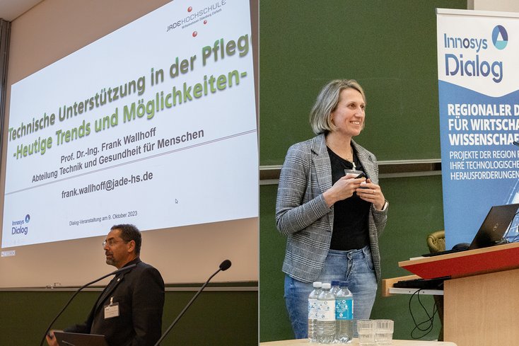 Prof. Frank Wallhoff (Jade Hochschule) und Melanie Philip (care pioneers GmbH) referieren zum Thema Pflege. (Foto: Jade HS/Malte Schmidt)