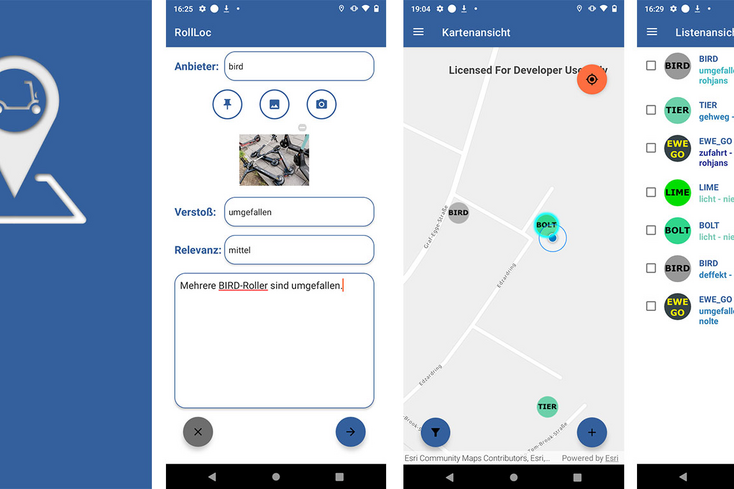 Blick in den App-Prototypen: RollLoc benachrichtigt App-Nutzer_innen, wenn sich dieser einem gemeldeten Abstellplatz nähert. (Bilder: Paul Nolte)