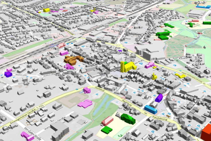 Ansicht des 3D-Stadtmodells der Stadt Oelde, welches eine Fläche von mehr als einhundert Quadratkilometern umfasst. Die unterschiedlichen Gebäudearten werden durch eine farbige Darstellung sichtbar gemacht. (Karte: Justus Strothoff)