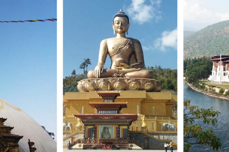 Der Stupa (bhuddistischer Kuppelbau) Boudhanath in Nepals Hauptstadt Kathmandu (links), der Große Buddha Dordenma (Mitte) nahe der bhutanesischen Hauptstadt Thimphu und der Dzong in Punakha, ein traditioneller Verwaltungssitz in Bhutan (rechts).
