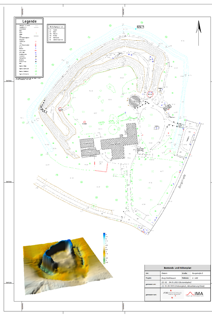 Auf dem Bild ist als Ergebnis ein Höhenplan der Burg Stickhausen zu sehen. Zusätzlich ist ein dreidimensionales Geländemodell (DGM) der Wallanlage abgebildet 