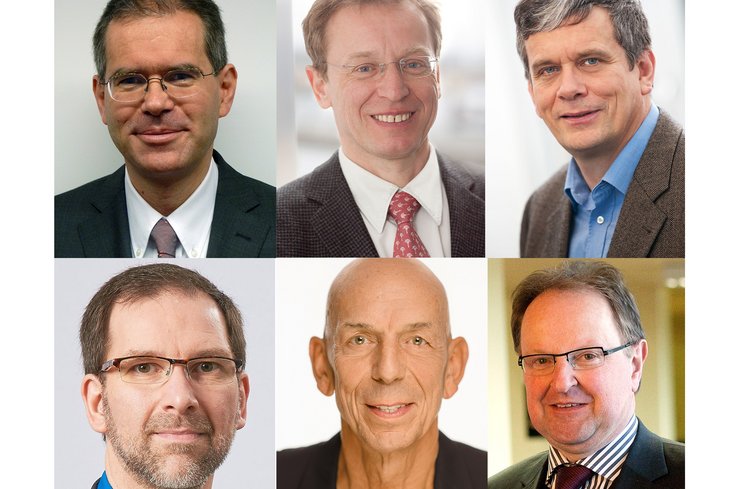 (v.li.) Prof. Dr. Gerd Hilligweg, Prof. Dr. Ralf Wandelt, Prof. Dr.-Ing. Hans-Hermann Prüser, Prof. Dr. Holger Saß, Prof. Dr. Lutz Beckmann und Prof. Dr. Heiner Köster sind ab dem 1. März die Dekane der Jade Hochschule. Foto: Beckmann und Bilderwerk