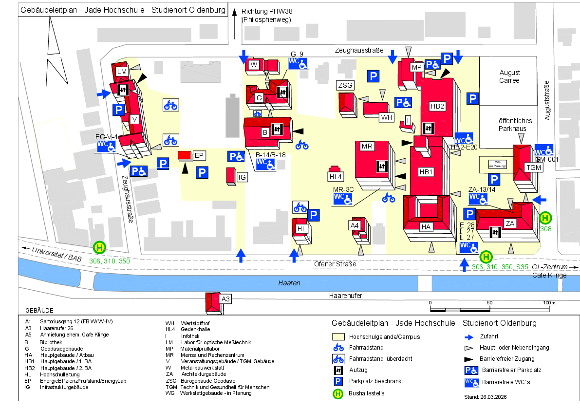 Gebäudeplan, Lageplan des Studienortes Oldenburg: Gebäude, Parkplätze, Barrierefreiheit.