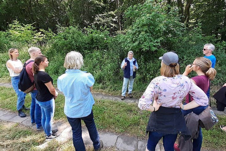 Susanne Grube (BUND) erklärt den historischen Wald und die landschaftstypischen Wallhecken. Die Wallhecken von sechs Ammerländer Gemeinden wurden von den Studierenden kartiert und als webbasierte Karte präsentiert. (Foto: Dieter Grausdies)