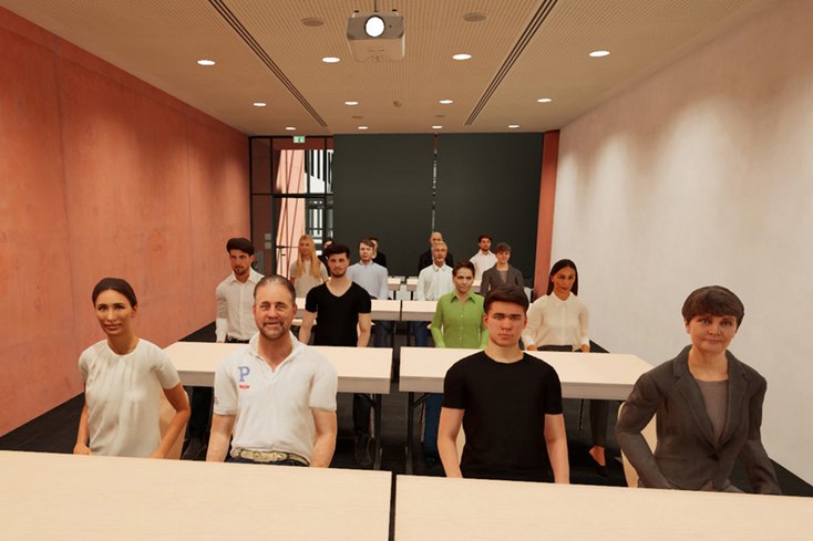 Am Beispiel einer Vortragssituation wird untersucht, inwieweit eine realistische Audio-Wiedergabe in der virtuellen Welt dazu beiträgt, Angst hervorzurufen oder zu mindern. (Foto: Universität Regensburg)