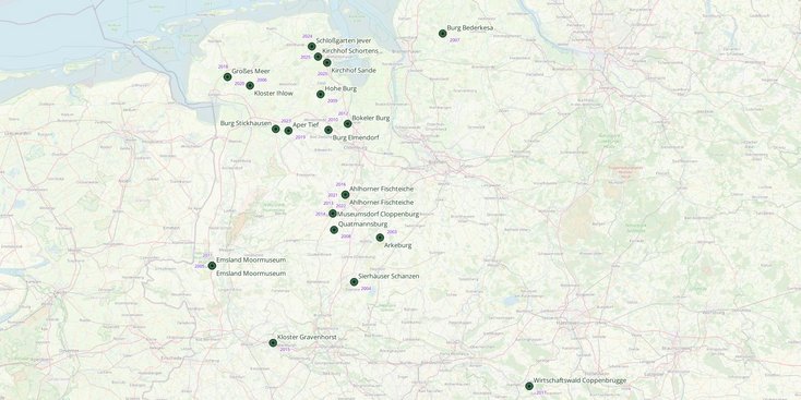 Übersicht über die Standorte der Hauptvermessungsübungen