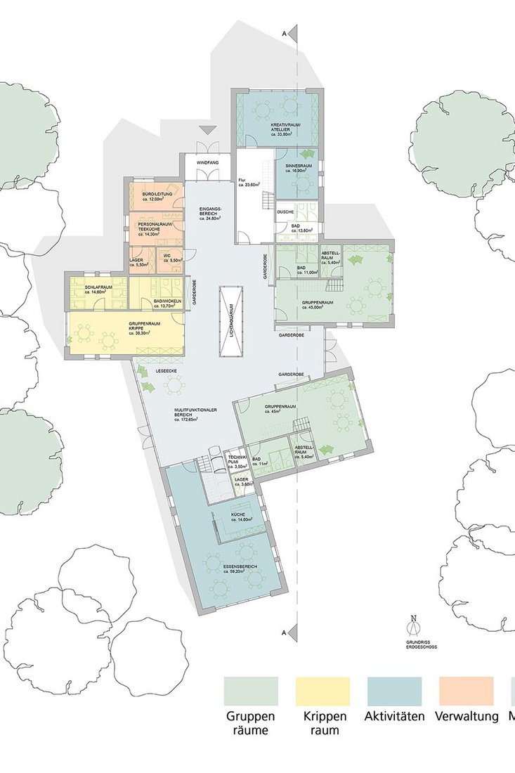 „Lüttje Loog“ ist modular aufgebaut. Ein zentraler Mehrzweckraum verbindet die Funktionsräume der Kita miteinander. Foto: Arbeitsgruppe Lüttje Loog/Interdisziplinäres Lehrprojekt der Jade Hochschule und der Hochschule Emden/Leer
