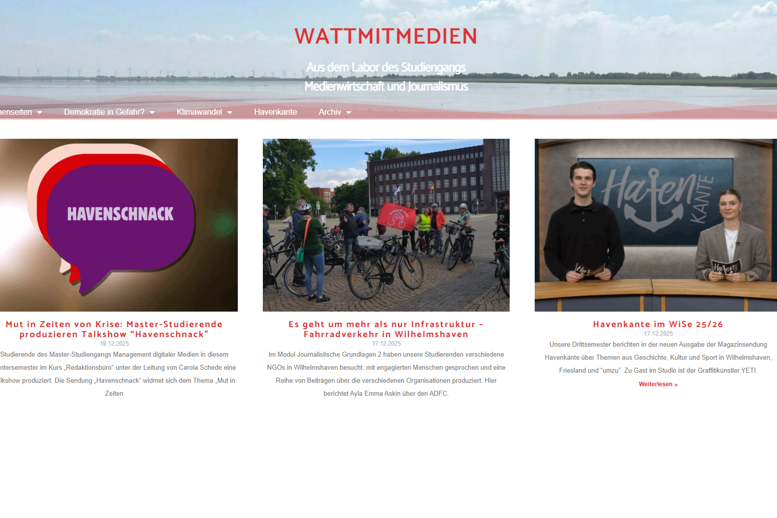 Ansicht der Startseite von Wattmitmedien mit drei Teaser-Beiträgen