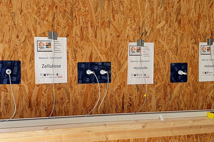 Innenansicht der Außenwand mit unterschiedlichen Dämmstoffen mit Messerfassungssystem der Temperatur und Feuchte. (Foto: Murat Ince/Jade HS)