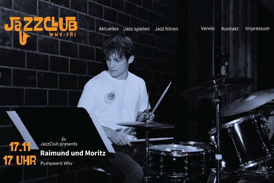 Entwurf der Homepage des Jazzclubs Wilhelmshaven-Friesland mit einem großen Foto eines Schlagzeugers. Hauptfarben sind Schwarz und Orange.