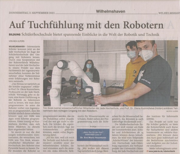 Zeitungsartikel ueber die Roboterfabrik in der WHZ vom 02.09.2021 