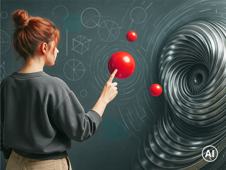 KI-generiertes Bild - Forscherin mit roten Kugel vor Tafel mit Diagrammen