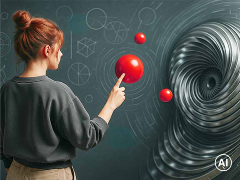 KI-generiertes Bild - Forscherin mit roten Kugel vor Tafel mit Diagrammen