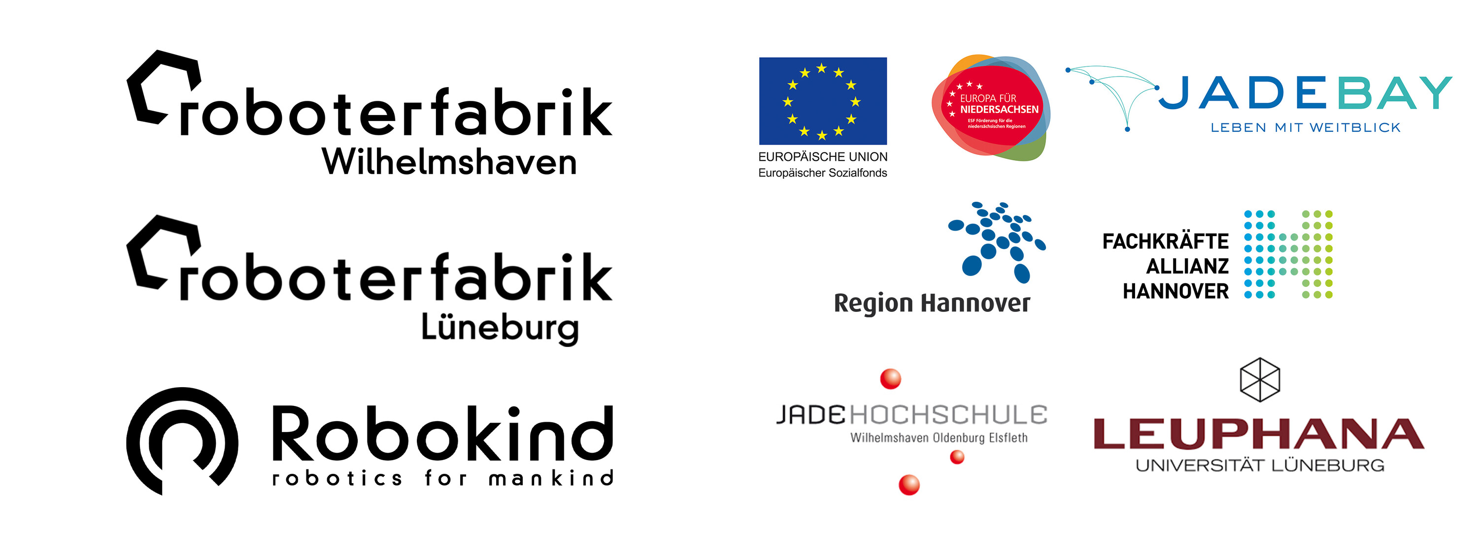 Logos der Roboterfabriken, der Robokind Stiftung und der Mittelgeber