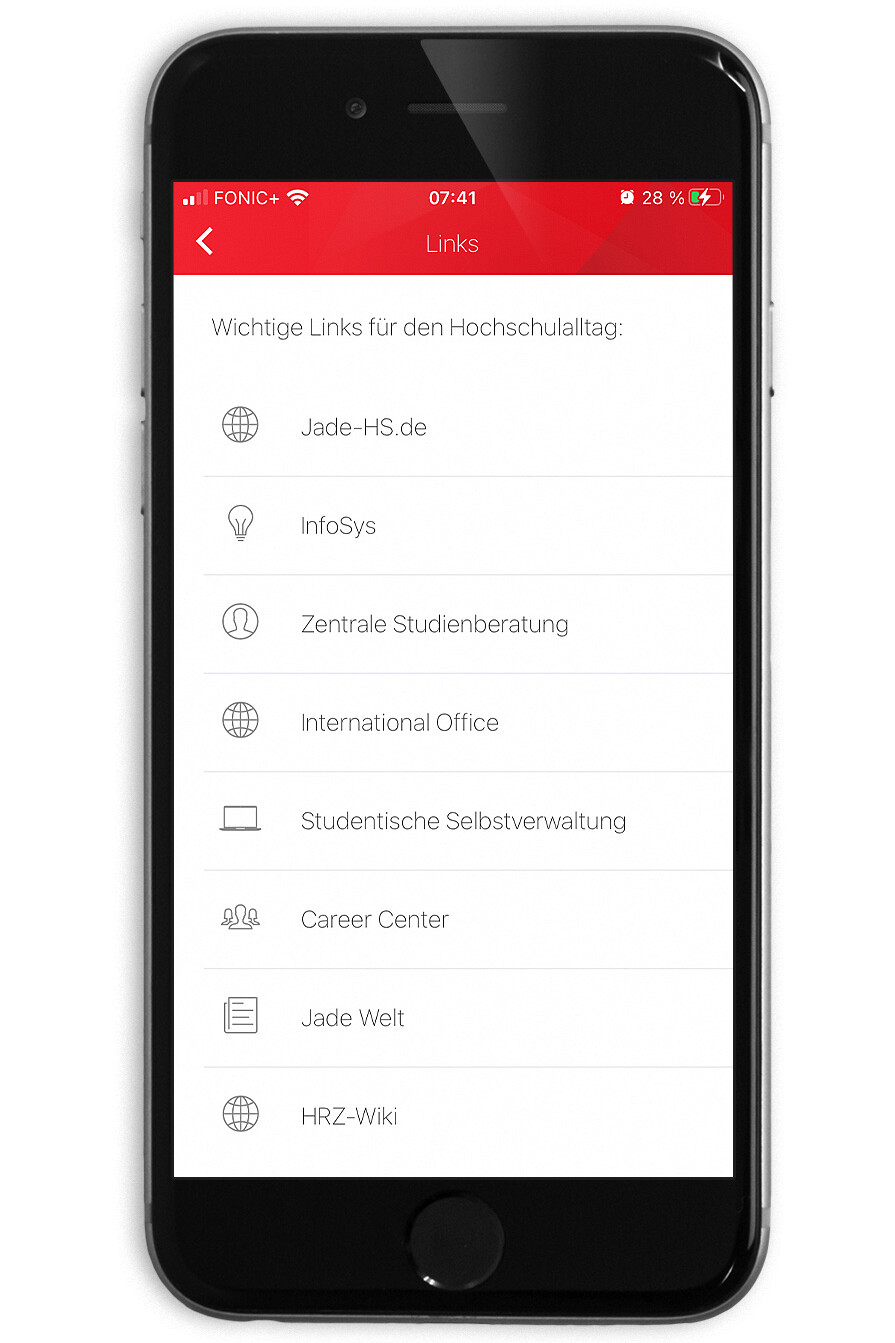 Mockup IPhone mit Seitenansicht für Links der Uni Now App