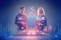 Wissenschaftler_innen mit Datenströmen und Deutschlandkarte