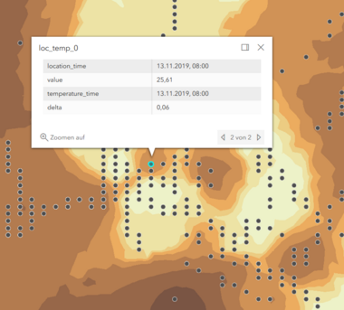 Kartendarstellung von Temperaturmessungen