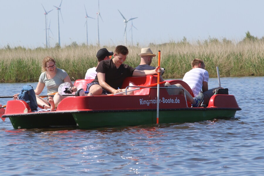 Mehrere Personen sitzen in einem Boot auf dem Wasser, Vermessungszubehör in der Hand