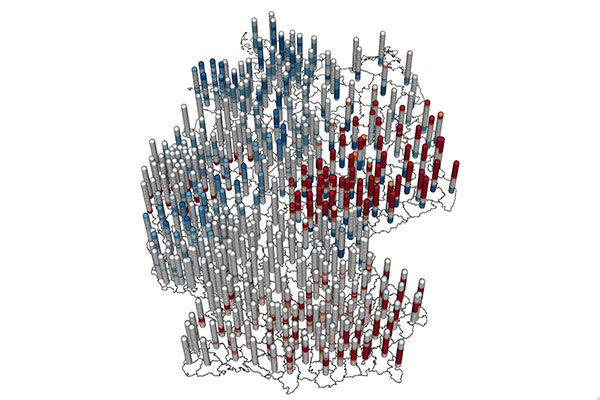 Die Hot- und Cold-Spots der vierten Coronawelle in Deutschland in wöchentlichen Zeitabschnitten visualisiert als Space Time-Cubes