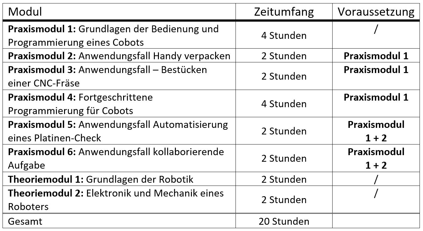 Aufteilung der Mudule des Kurses mit kurzer Beschreibung