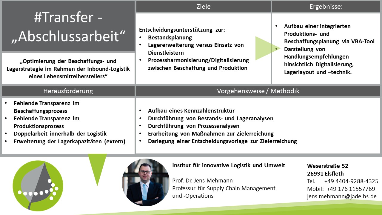 „Optimierung der Beschaffungs- und Lagerstrategie im Rahmen der Inbound-Logistik eines Lebensmittelherstellers“